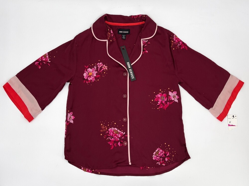 NEW Room Service Shirt Womens XXS 2XS Maroon Floral 3/4 Sleep Shirt